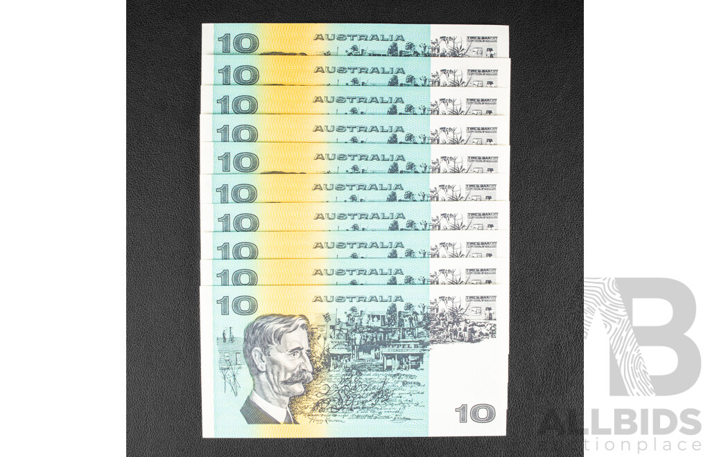 Ten Australian 1991 UNC Ten Dollar Notes, Fraser/Cole, R313a, Consecutive MQD951845 - MQD951854