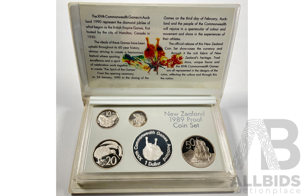 New Zealand 1989 Five Proof Coin Set, Commonwealth Games Including Silver One Dollar .925