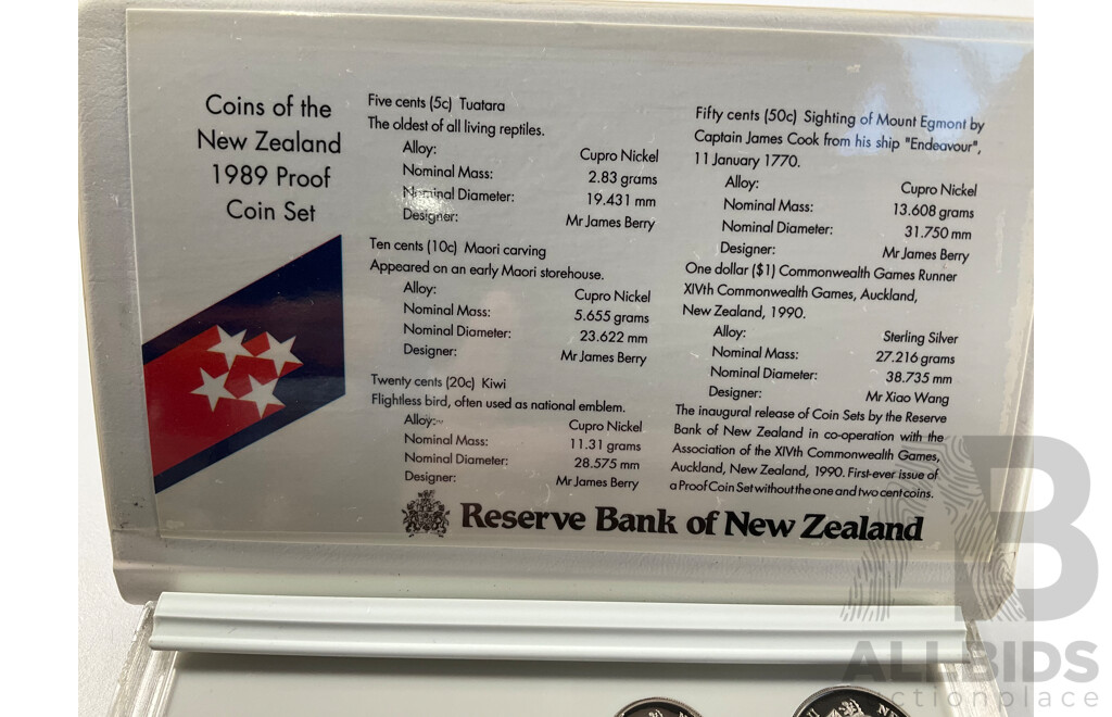 New Zealand 1989 Five Proof Coin Set, Commonwealth Games Including Silver One Dollar .925