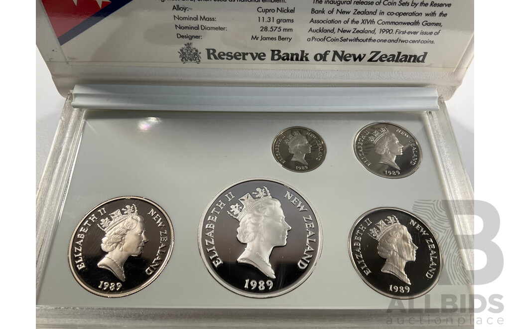 New Zealand 1989 Five Proof Coin Set, Commonwealth Games Including Silver One Dollar .925