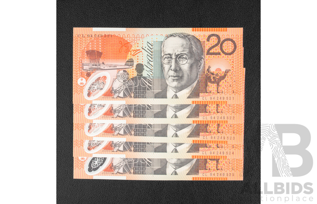 Five Australian 1994 UNC Twenty Dollar Notes, Fraser/Evans, Consecutive CL94249521 - CL94249525