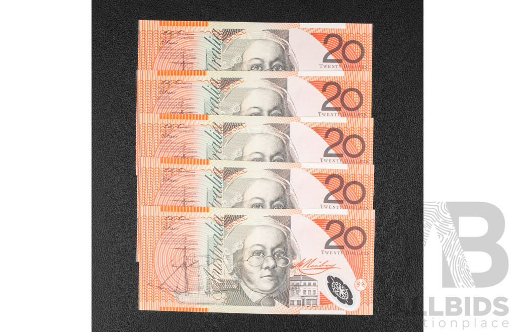 Five Australian 1994 UNC Twenty Dollar Notes, Fraser/Evans, Consecutive CL94249521 - CL94249525