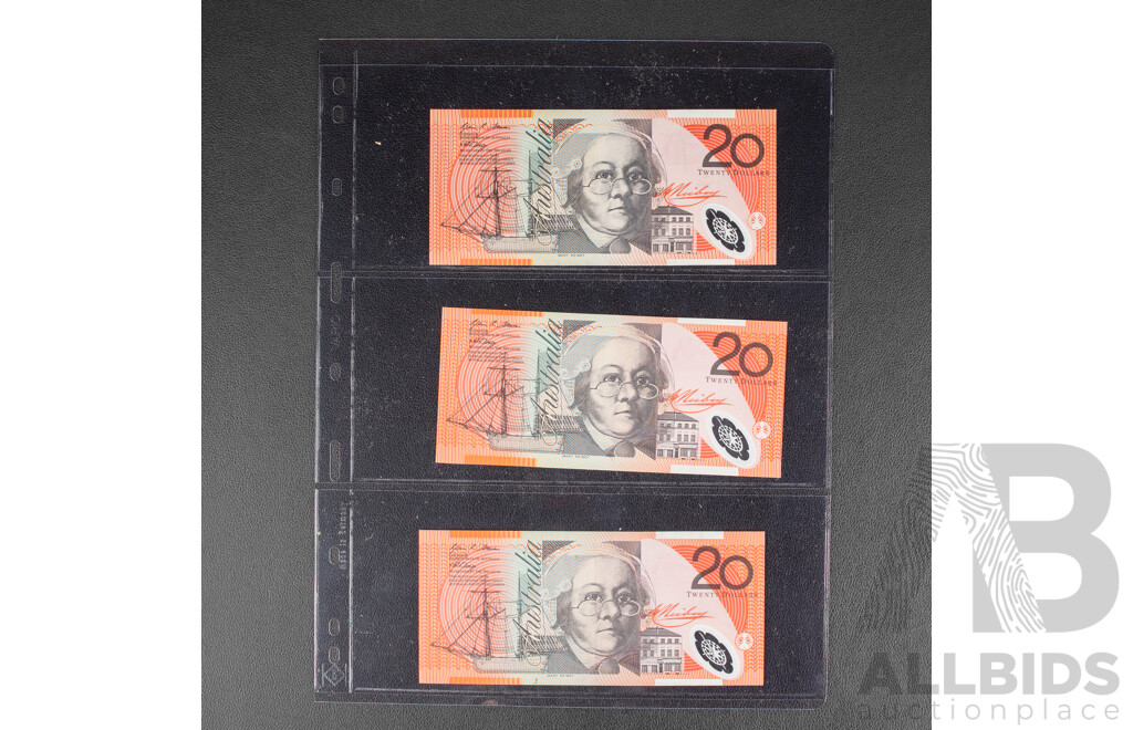 Three Australian 2008 UNC Twenty Dollar Notes, Stevens/Henry