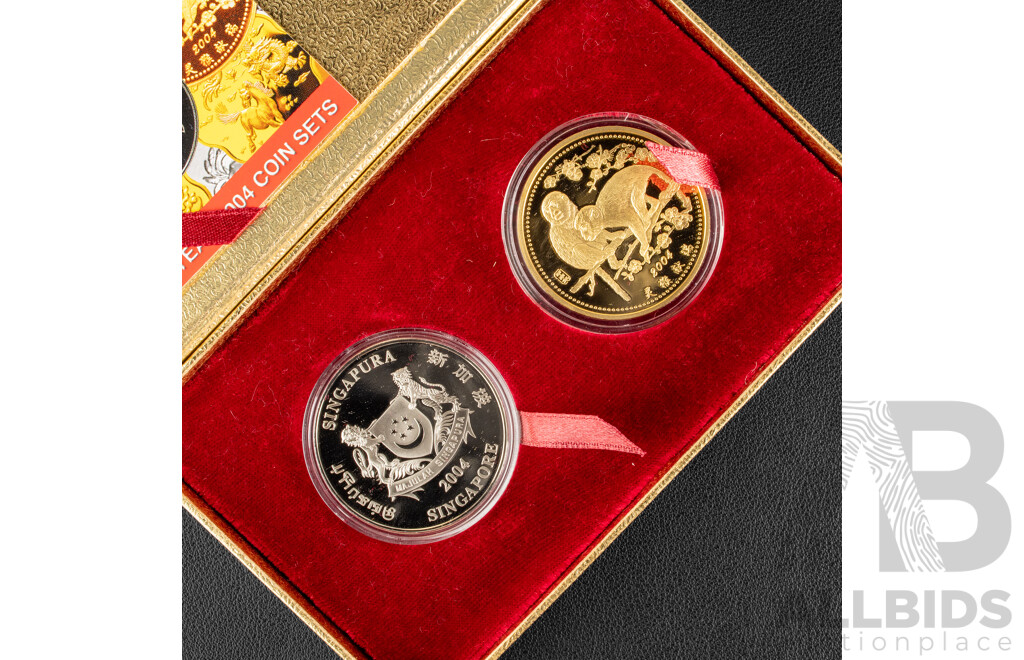 Singapore Mint 2004 Proof Like Ten Dollar Coin and 24ct Gold Plated Medallion Set, All Things Precious - Year of the Monkey