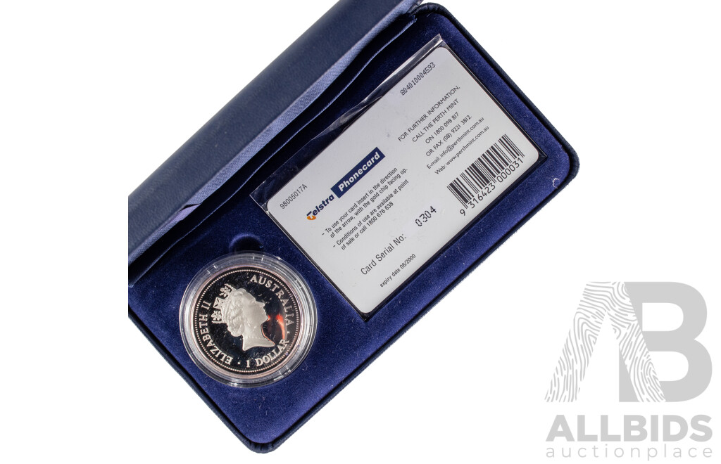 Australian Perth Mint 1998 Silver Proof One Dollar Coin and Five Dollar Phone Card Set, The Australian Kookaburra
