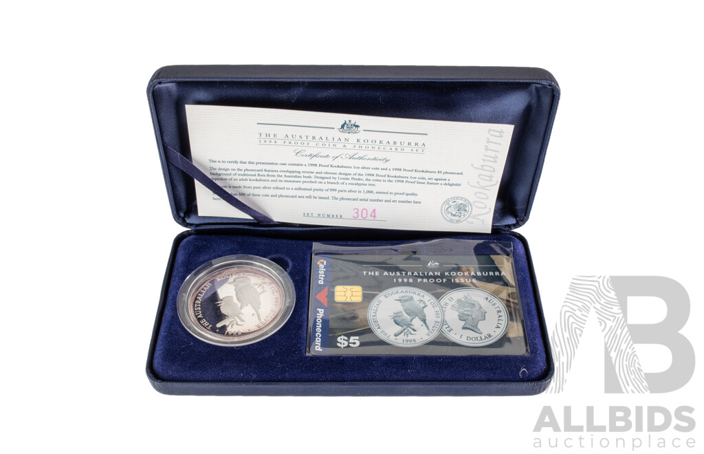 Australian Perth Mint 1998 Silver Proof One Dollar Coin and Five Dollar Phone Card Set, The Australian Kookaburra