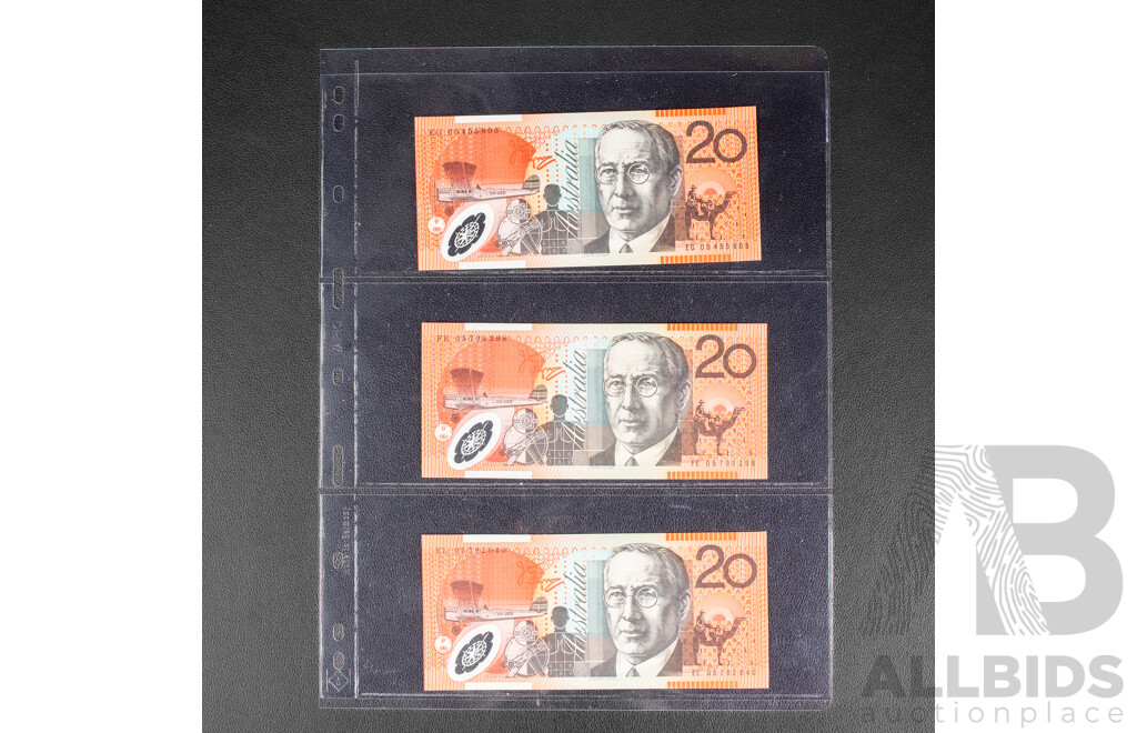 Three 2005 UNC Twenty Dollar Notes, MacFarlane/Henry