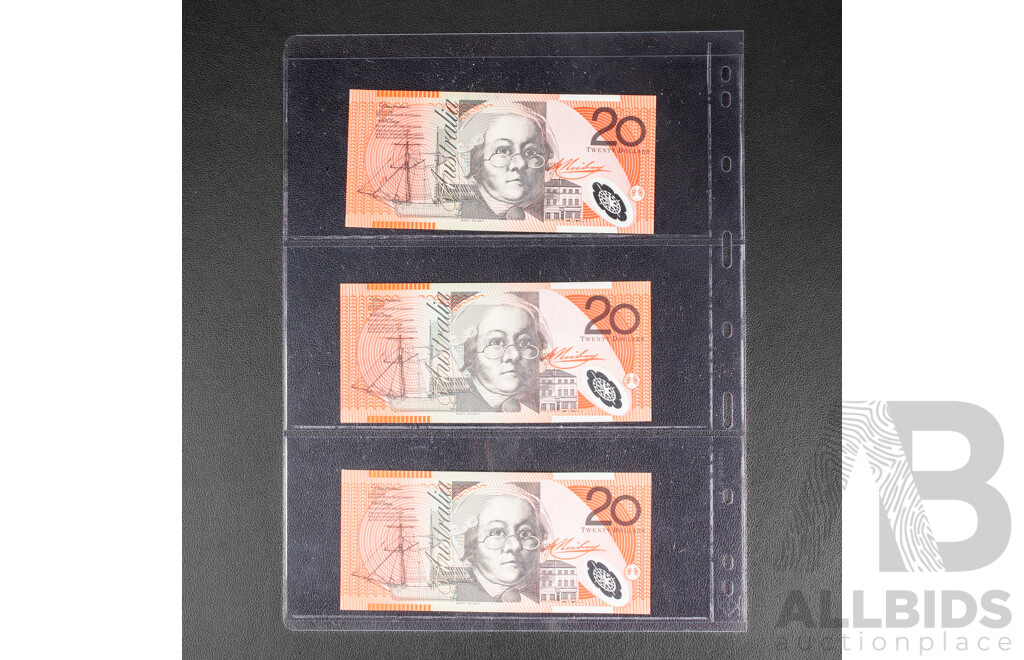 Three 2005 UNC Twenty Dollar Notes, MacFarlane/Henry