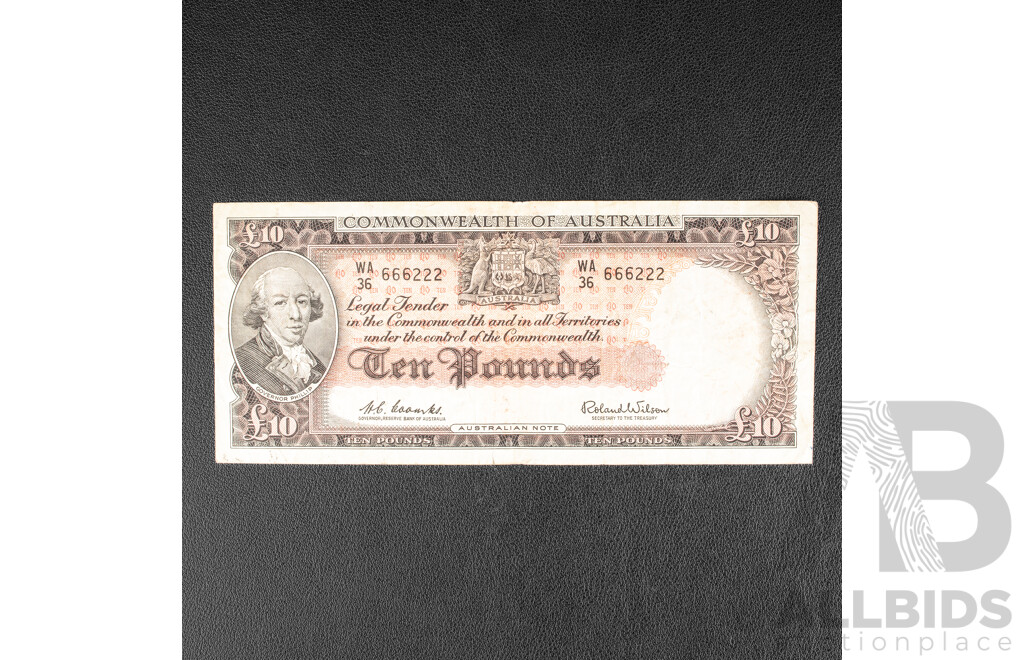 Australian 1960 Ten Pound Note, R63 Coombs/Wilson, WA 36 666222