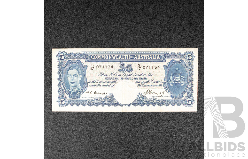 Australian 1949 Five Pound Note, R47 Coombs/Watt S17 071134