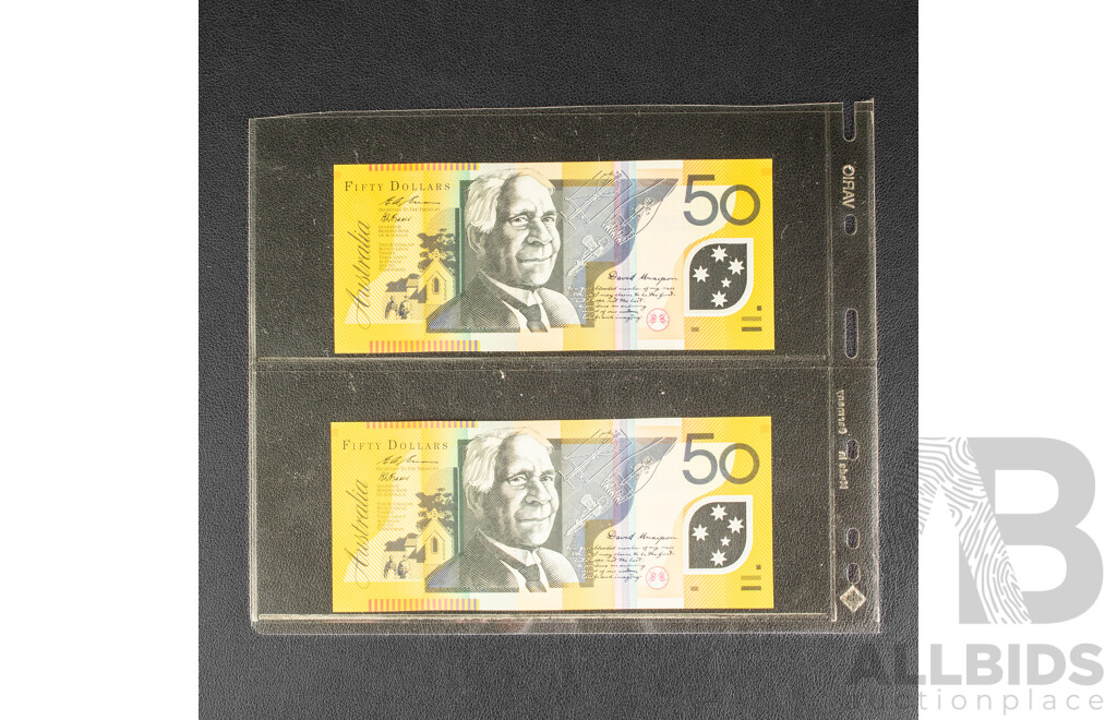 Two Australian 1995 UNC Fifty Dollar Notes, Fraser/Evans, Consecutive BK95293119 - BK95293120
