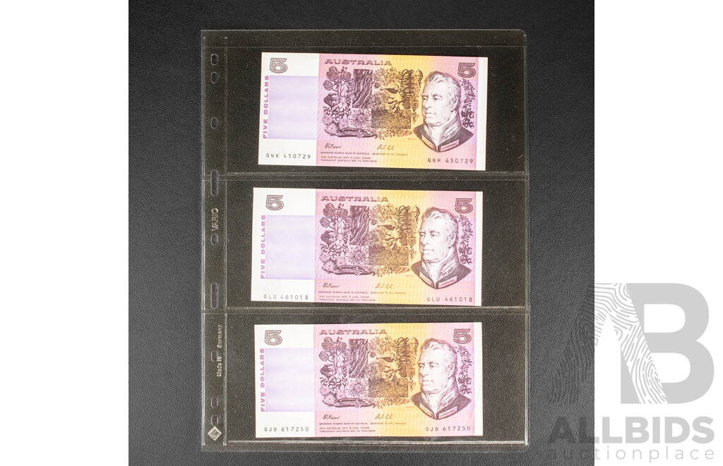 Three Australian 1991 Five Dollar Notes, R213, Fraser/Cole