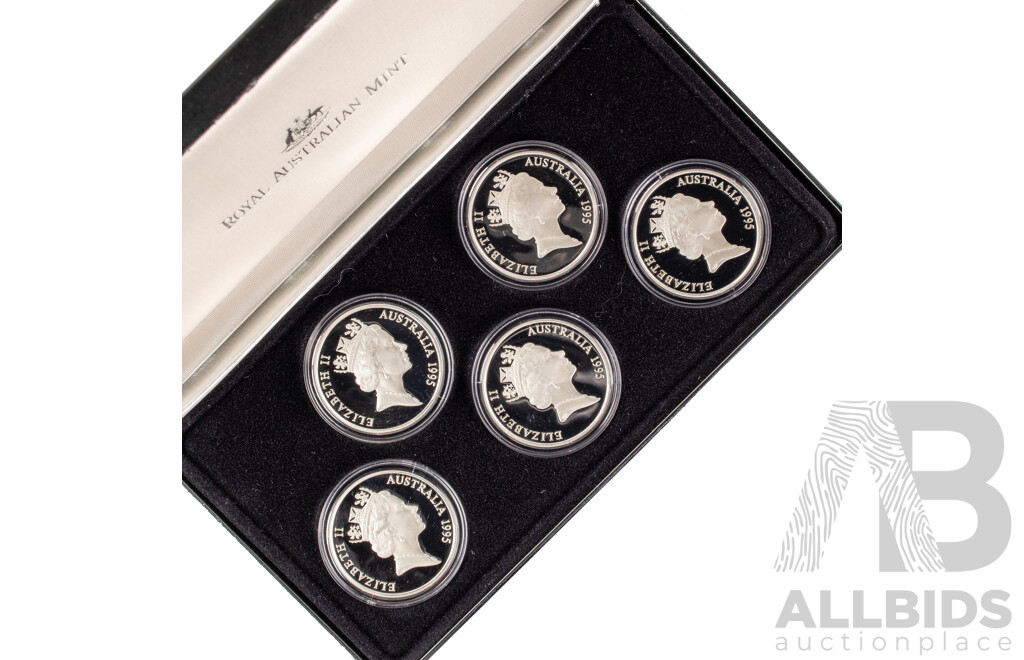 Australian 1995 Masterpieces in Silver Five Silver Proof Five Dollar Coins, Colonial Australia .925