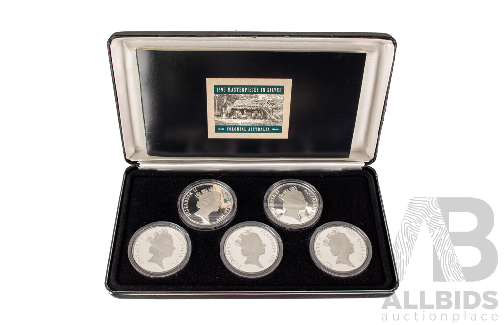 Australian 1995 Masterpieces in Silver Five Silver Proof Five Dollar Coins, Colonial Australia .925