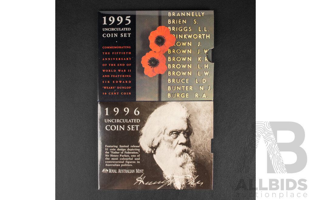 Australian RAM 1995 Six UNC Coin Set, Fiftieth Anniversary of the End of WWII and Australian RAM 1996 Six UNC Coin Set, Sir Henry Parkes