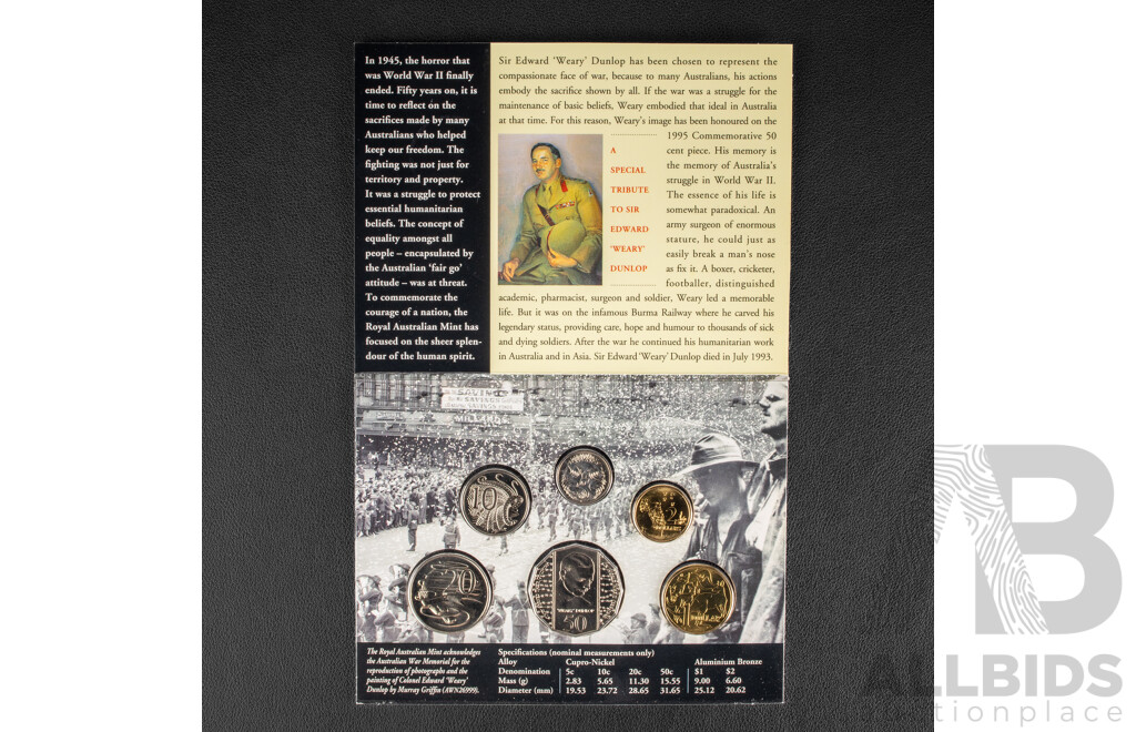 Australian RAM 1995 Six UNC Coin Set, Fiftieth Anniversary of the End of WWII and Australian RAM 1996 Six UNC Coin Set, Sir Henry Parkes