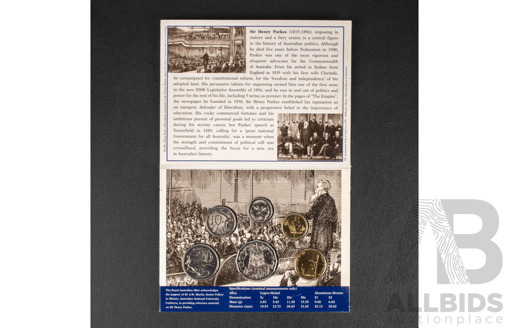 Australian RAM 1995 Six UNC Coin Set, Fiftieth Anniversary of the End of WWII and Australian RAM 1996 Six UNC Coin Set, Sir Henry Parkes