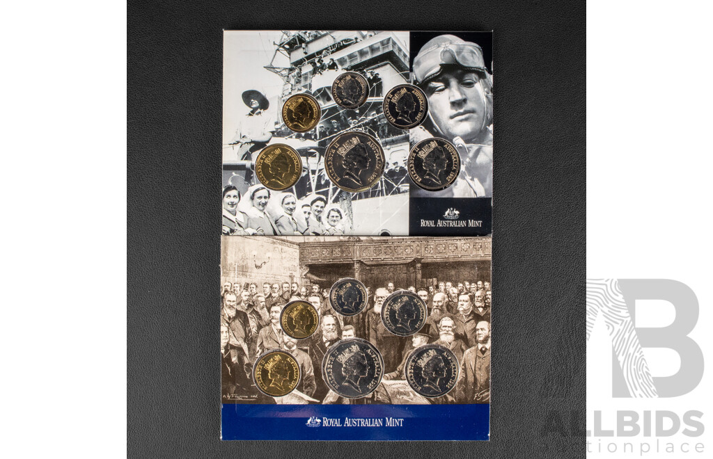 Australian RAM 1995 Six UNC Coin Set, Fiftieth Anniversary of the End of WWII and Australian RAM 1996 Six UNC Coin Set, Sir Henry Parkes