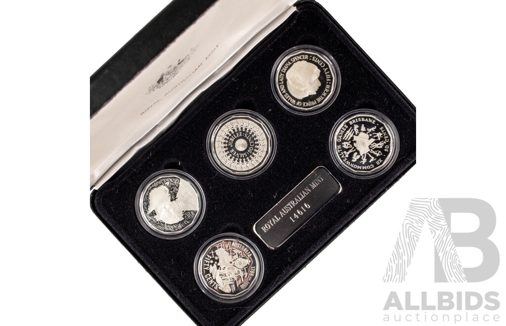 Australian RAM Masterpieces in Silver, Five Silver Commemorative Fifty Cent Coins, 1970, 1977, 1981, 1982 1989 .925