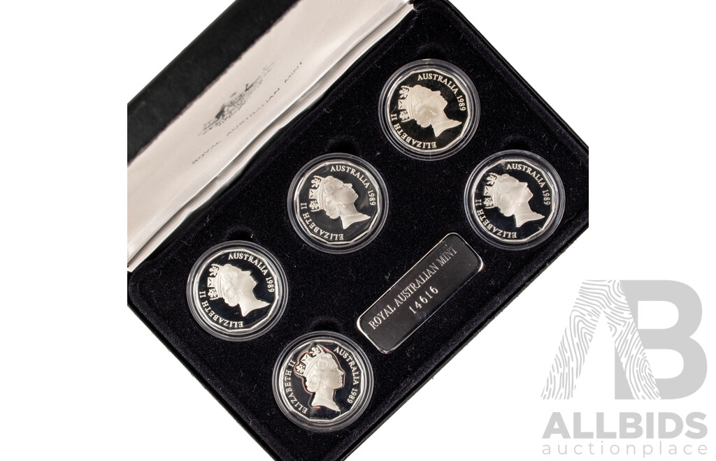 Australian RAM Masterpieces in Silver, Five Silver Commemorative Fifty Cent Coins, 1970, 1977, 1981, 1982 1989 .925