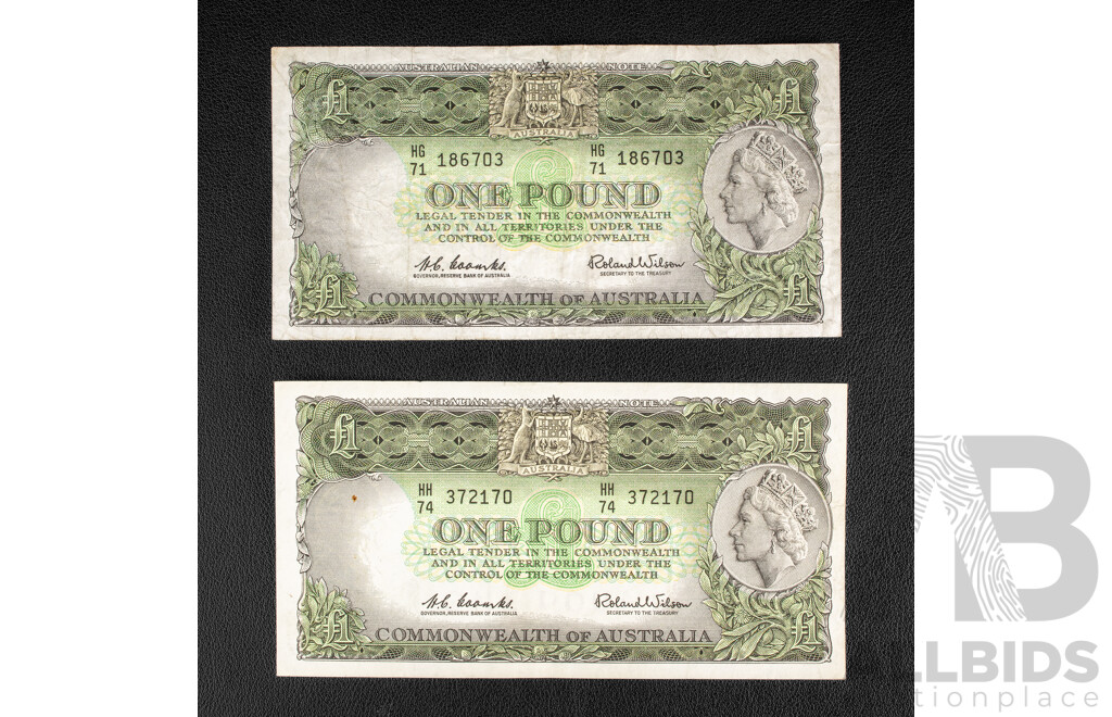Two Australian 1961 One Pound Notes R34 Coombs/Wilson