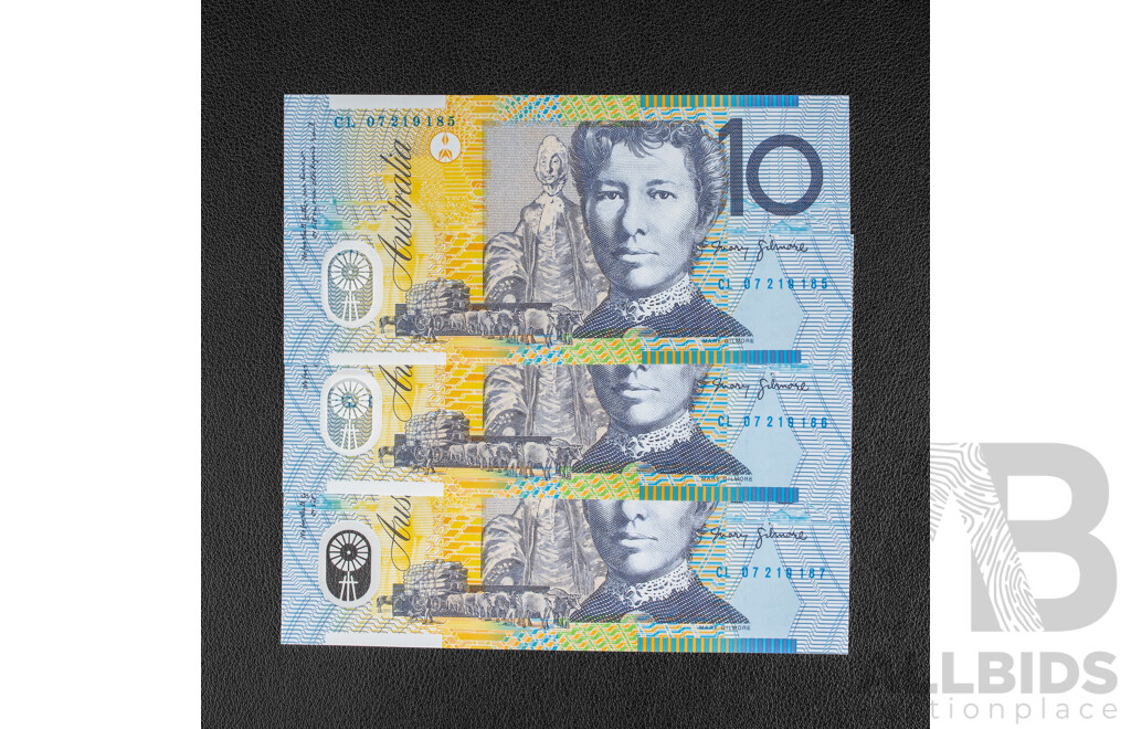 Three Australian 2007 UNC Ten Dollar Notes, Stephens/Henry, Consecutive CL07219185 - CL07219187