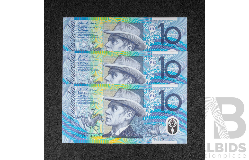 Three Australian 2007 UNC Ten Dollar Notes, Stephens/Henry, Consecutive CL07219185 - CL07219187