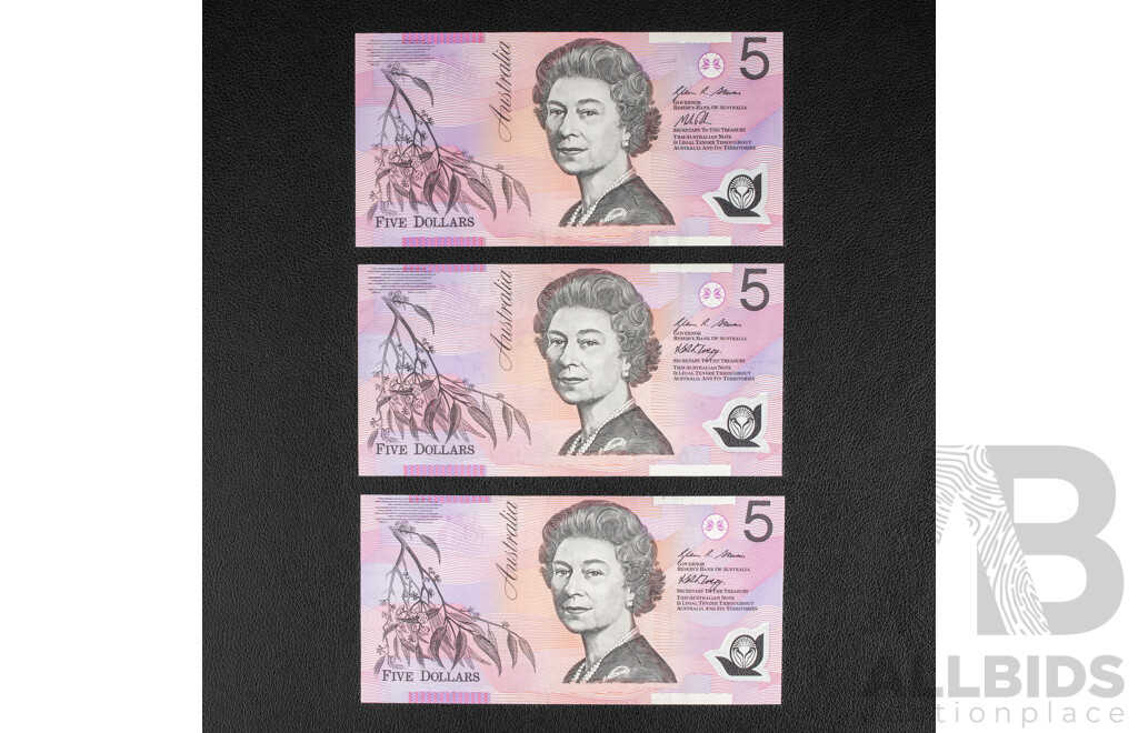 Three Australian UNC Five Dollar Notes, Two 2008 Stephens/Henry and 2012 Stephens/Parkinson