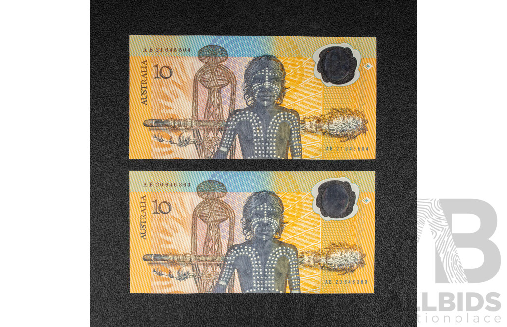 Two Australian 1988 Ten Dollar Notes, Bicentennial R310b, Fraser/Johnston