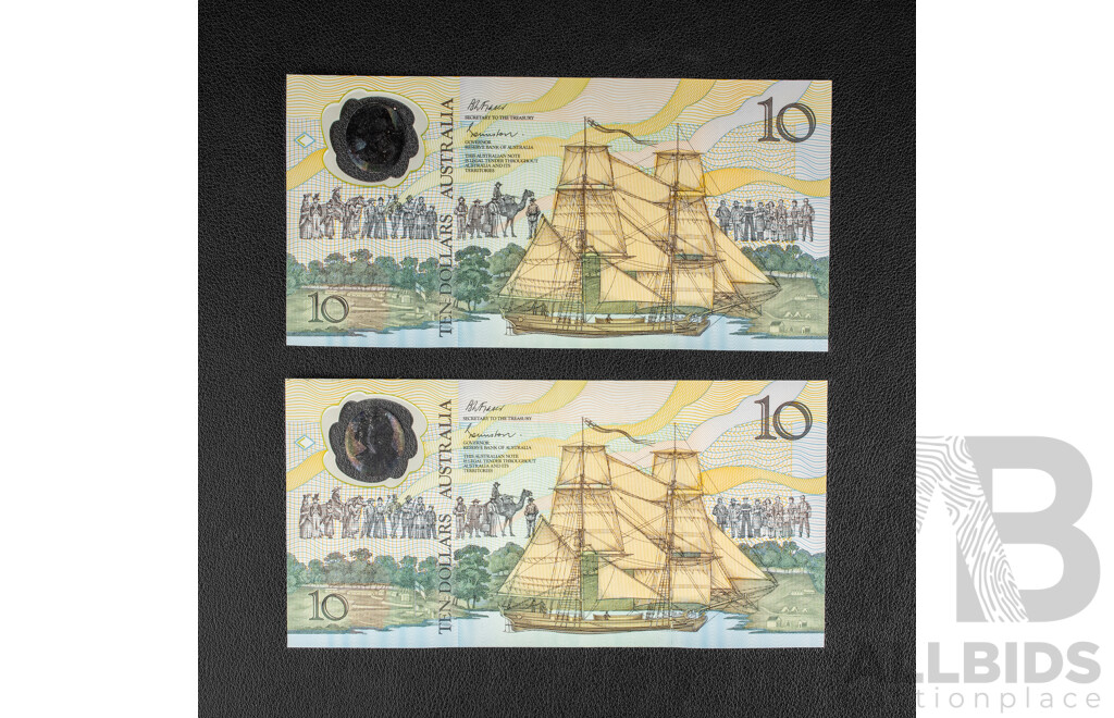 Two Australian 1988 Ten Dollar Notes, Bicentennial R310b, Fraser/Johnston
