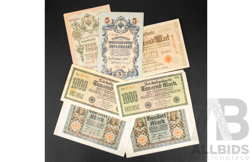 Antique German and Russian Banknotes Including Two 1920 One Hundred Mark, Two 1922 One Thousand Mark, 1910 One Thousand Mark, 1909 Five and Ten Rubles