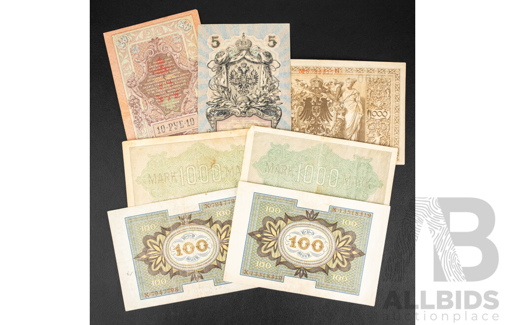 Antique German and Russian Banknotes Including Two 1920 One Hundred Mark, Two 1922 One Thousand Mark, 1910 One Thousand Mark, 1909 Five and Ten Rubles