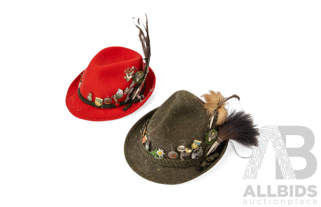 Pair of Vintage German Tyrolean Hats with Original Pins and Feathers