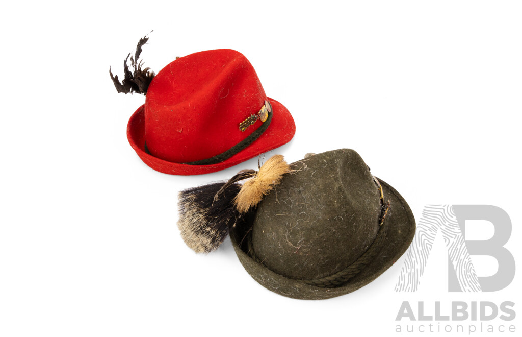 Pair of Vintage German Tyrolean Hats with Original Pins and Feathers