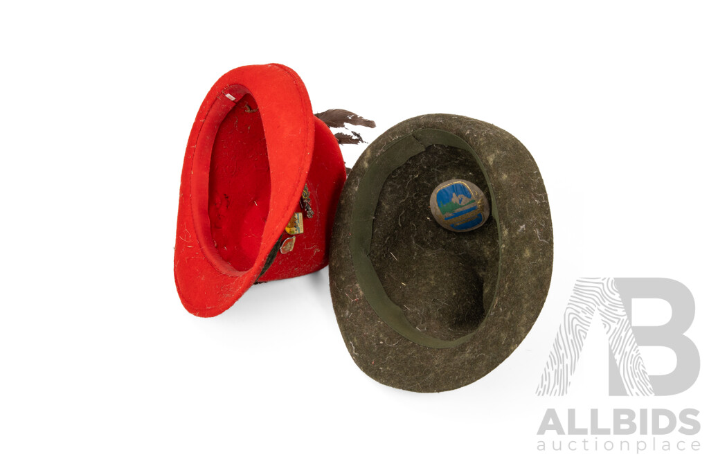 Pair of Vintage German Tyrolean Hats with Original Pins and Feathers