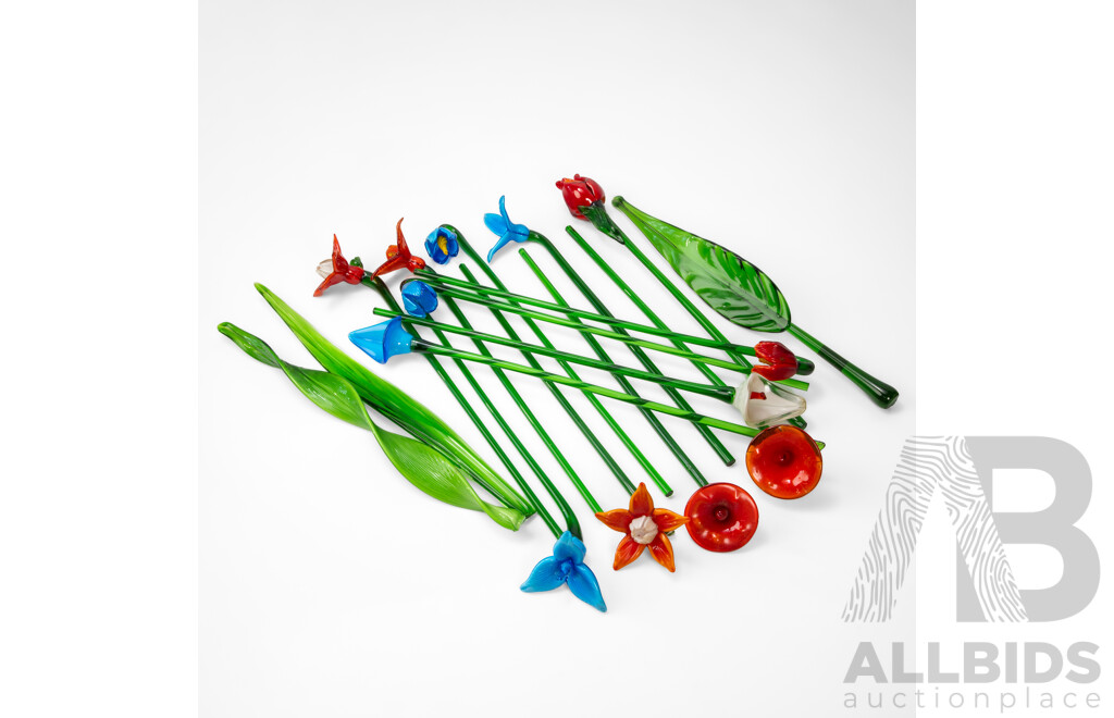 Collection of 13 Glass Faux Flowers with Three Pieces of Foliage