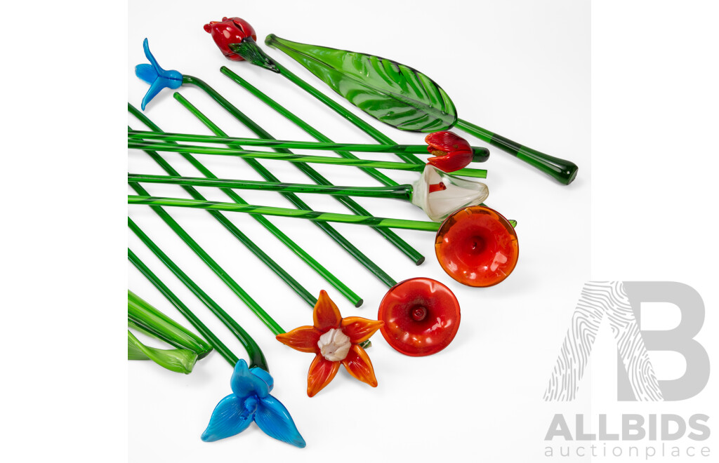 Collection of 13 Glass Faux Flowers with Three Pieces of Foliage