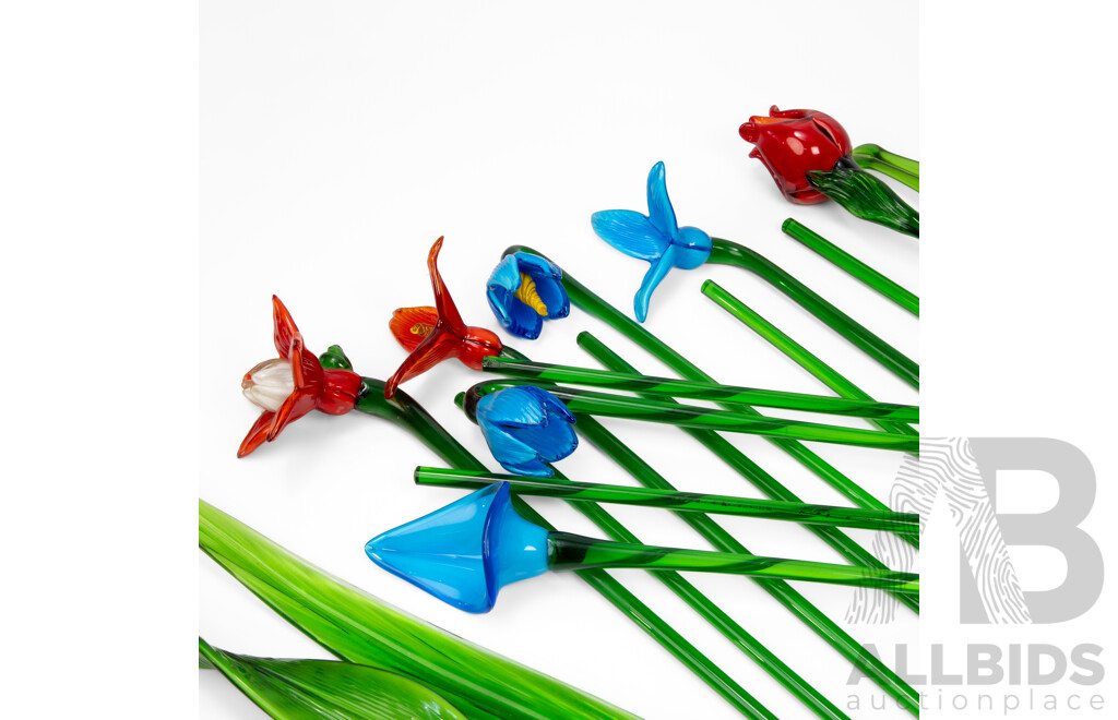Collection of 13 Glass Faux Flowers with Three Pieces of Foliage