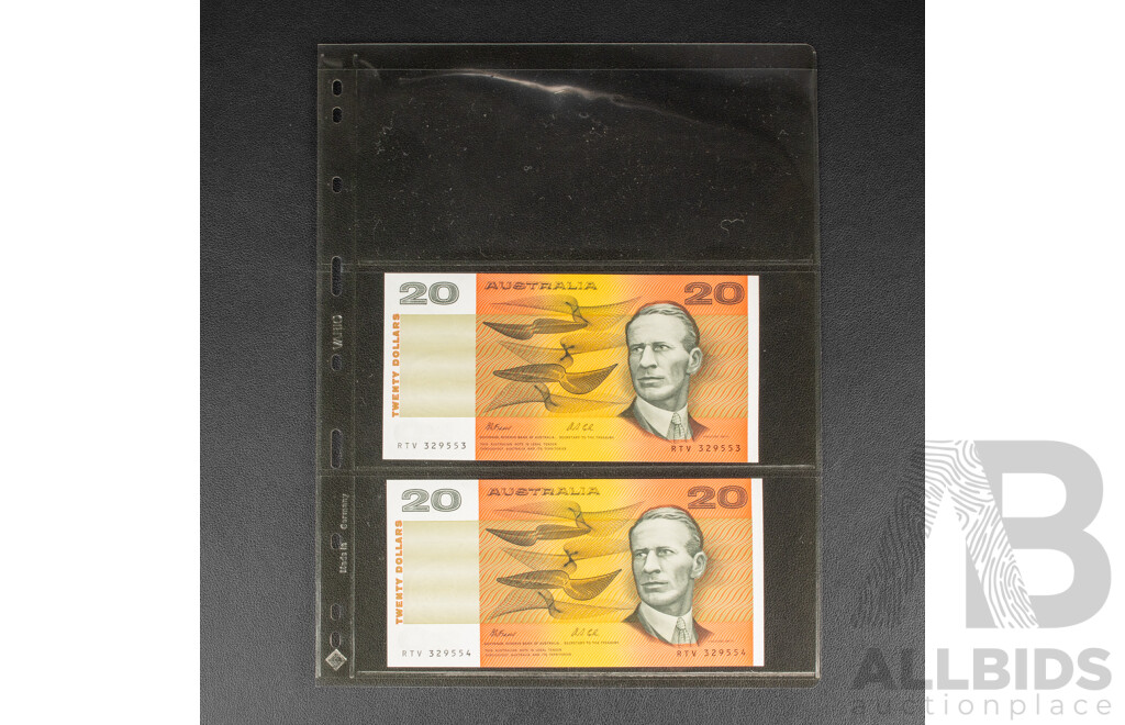 Two Australian 1991 Twenty Dollar Notes, Fraser/Cole, R413 Consecutive RTV 329553 - RTV 329554