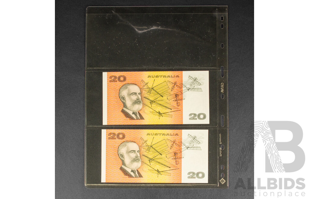 Two Australian 1991 Twenty Dollar Notes, Fraser/Cole, R413 Consecutive RTV 329553 - RTV 329554