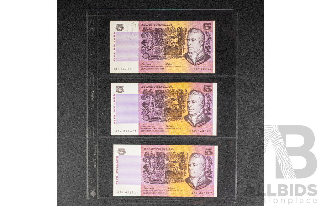 Nine Australian 1985 Five Dollar Notes, Johnston/Fraser