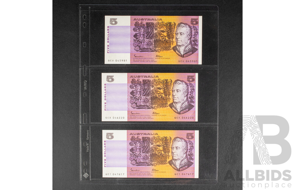 Nine Australian 1985 Five Dollar Notes, Johnston/Fraser