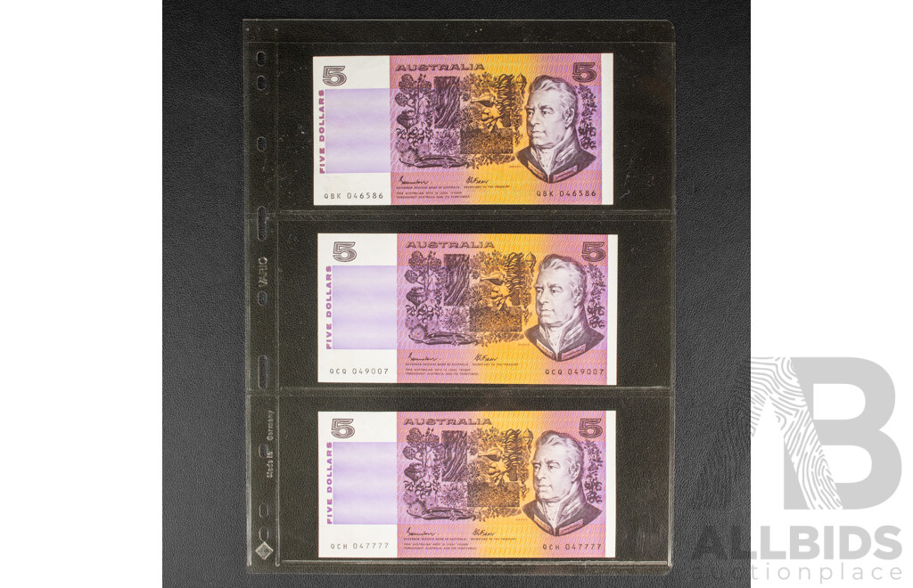 Nine Australian 1985 Five Dollar Notes, Johnston/Fraser