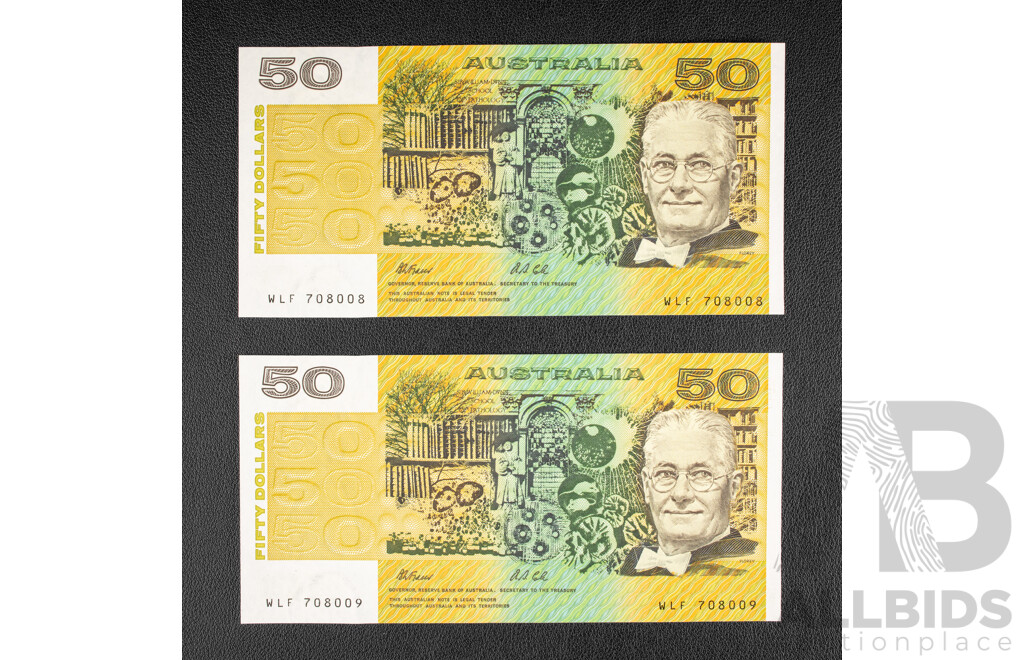 Two Australian 1991 Five Dollar Notes, R513b Fraser/Cole, Consecutive WLF 708008 - WLF 708009