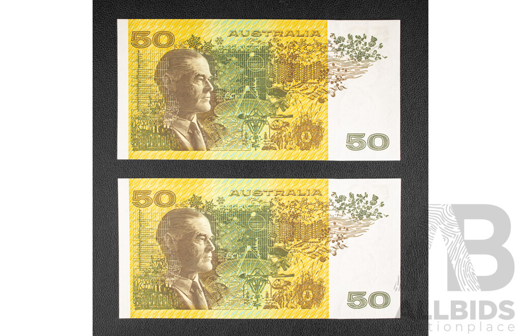 Two Australian 1991 Five Dollar Notes, R513b Fraser/Cole, Consecutive WLF 708008 - WLF 708009