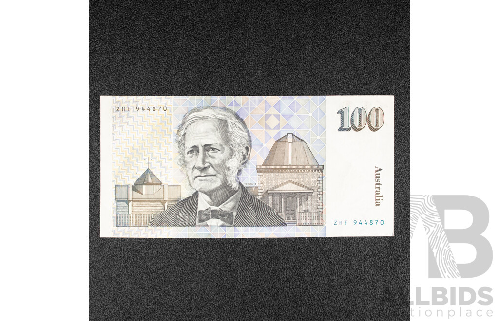 Australian 1990 One Hundred Dollar Note, R612 Higgins/Fraser ZHF 944870
