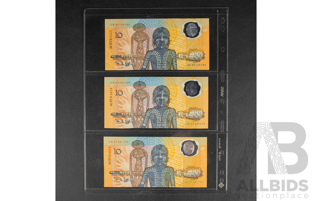 Three Australian 1988 Ten Dollar Banknotes, Bicentennial Fraser/Evans, R310b