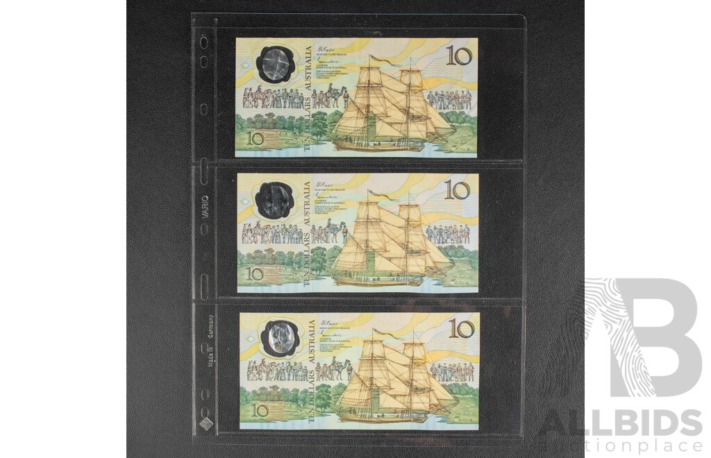 Three Australian 1988 Ten Dollar Banknotes, Bicentennial Fraser/Evans, R310b