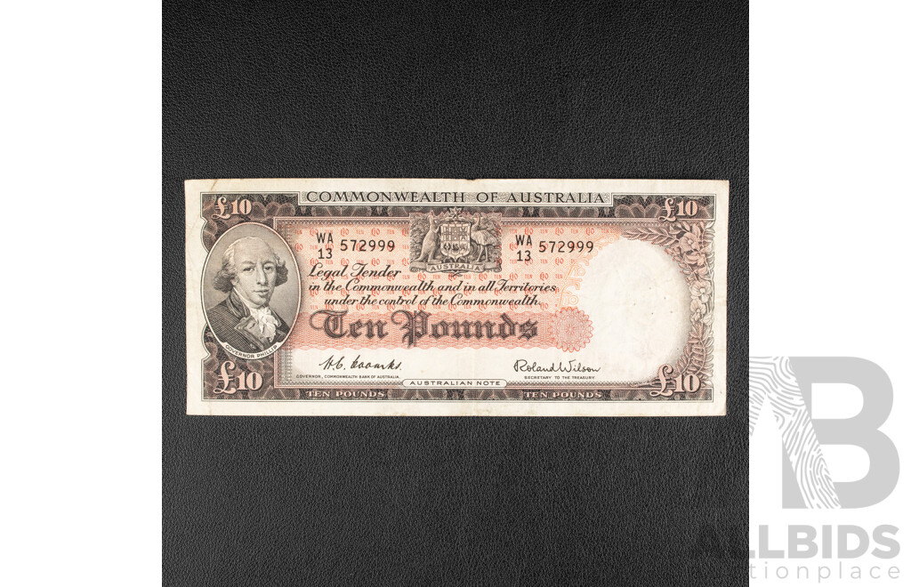 Australian 1954 Ten Pound Note, R62 Coombs/Wilson, WA 13 572999