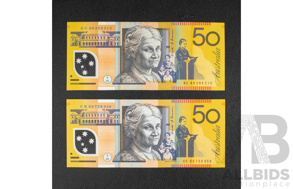 Two Australian Fifty Dollar Banknotes, 1999 Macfarlane/Evans and 2005 Macfarlane/Henry